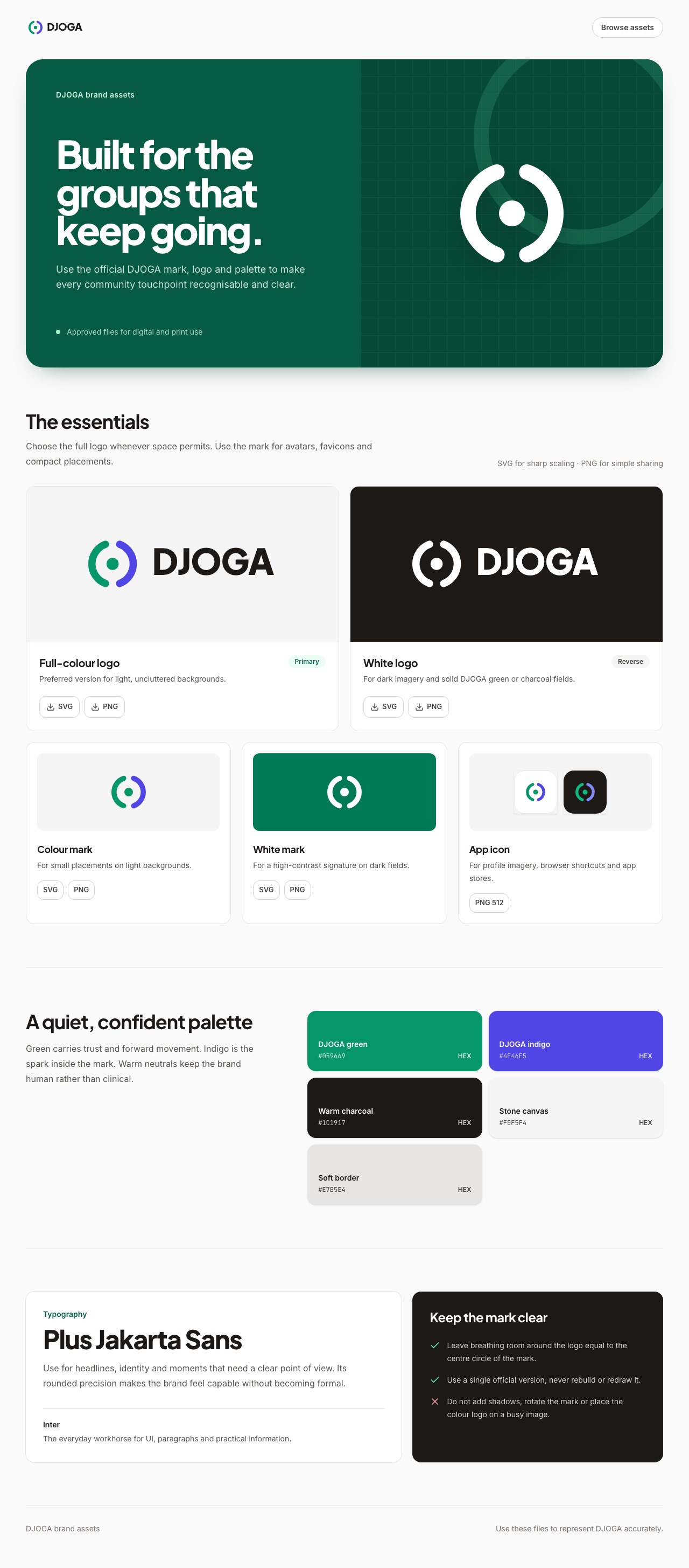 Capture complète du kit de marque DJOGA avec logos, palette, typographies et règles d'utilisation.