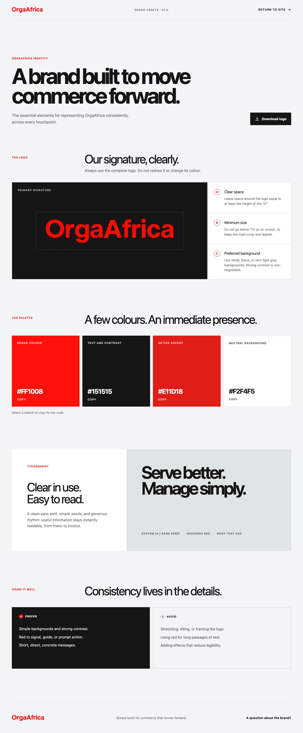 Capture complète du kit de marque Orga Africa avec signature, palette, typographies et règles d'utilisation.